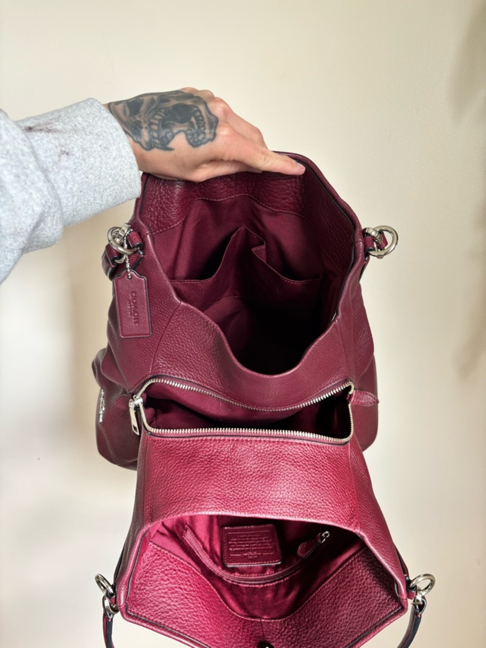 COACH Phoebe Pebbled Leather Shoulder Bag In Burgundy - Picture 7 of 9